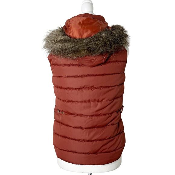 H&M L.O.G.G. Women's Puffer Vest 6 Brown Orange Hooded Faux Fur Removable Zip Up - Picture 5 of 8